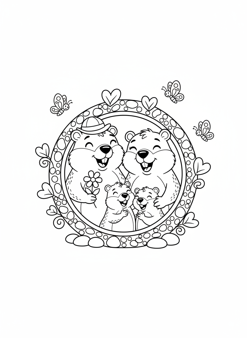 Cheerful Groundhog Family Coloring Page