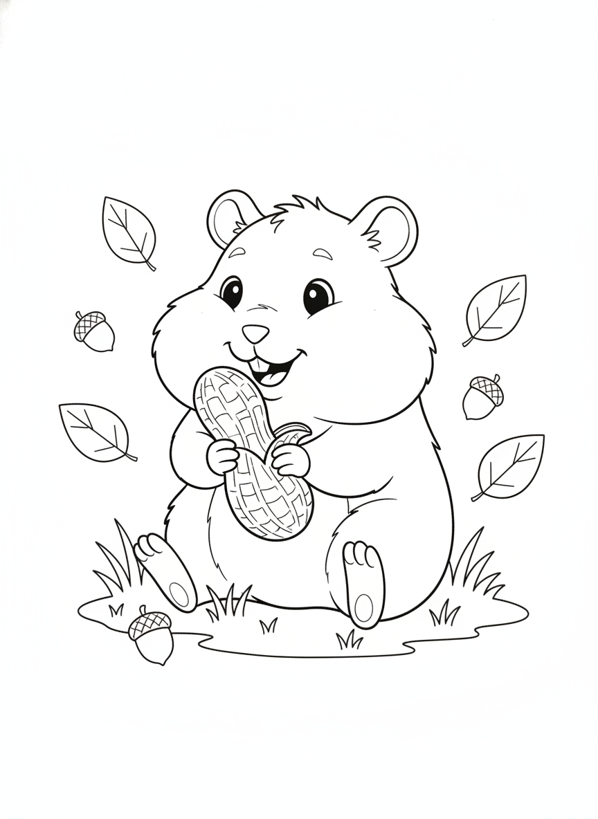 Cheerful Hamster Coloring Page: Peanut Fun & Autumn Leaves
