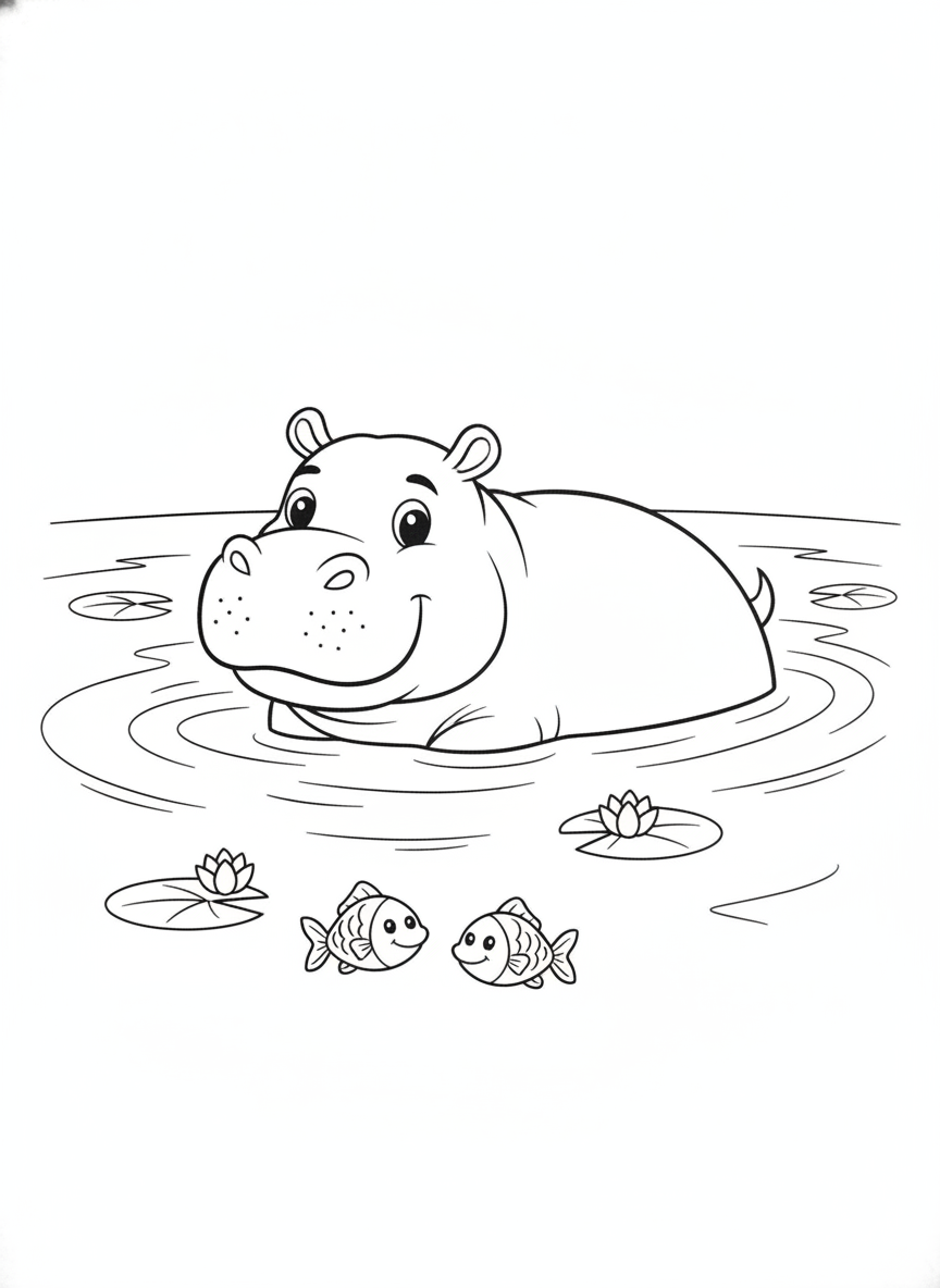 Cheerful Hippo Swim: A Playful River Adventure Coloring Page