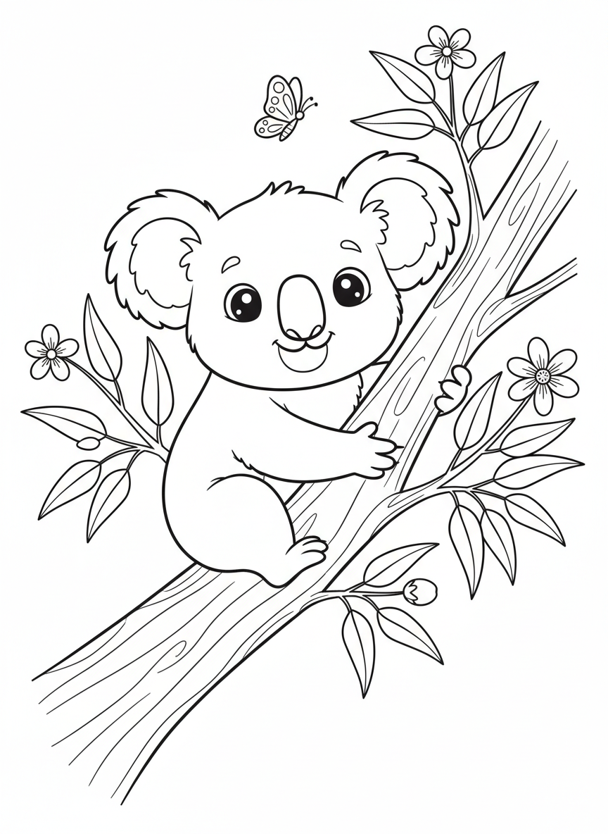 Cheerful Koala Hugging Eucalyptus Branch Coloring Page