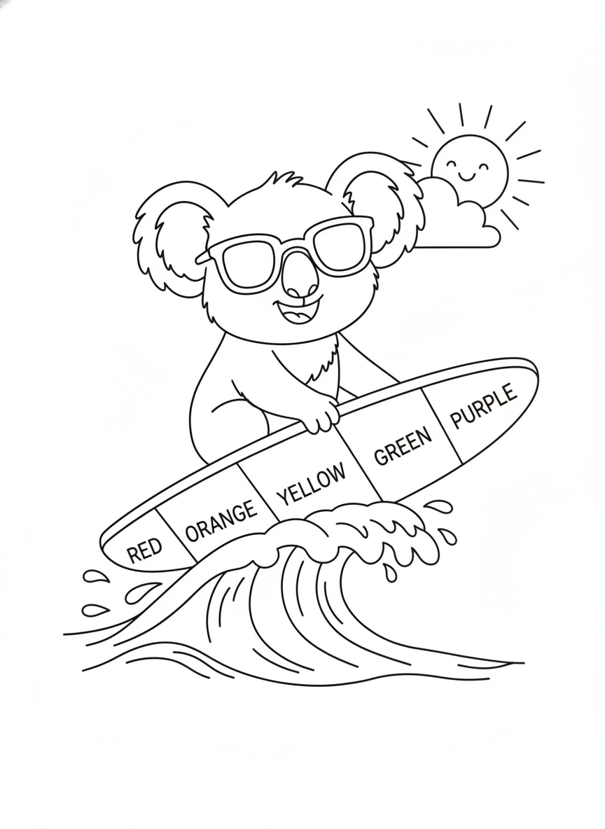 Cheerful Koala Surfing Rainbow Waves Coloring Page