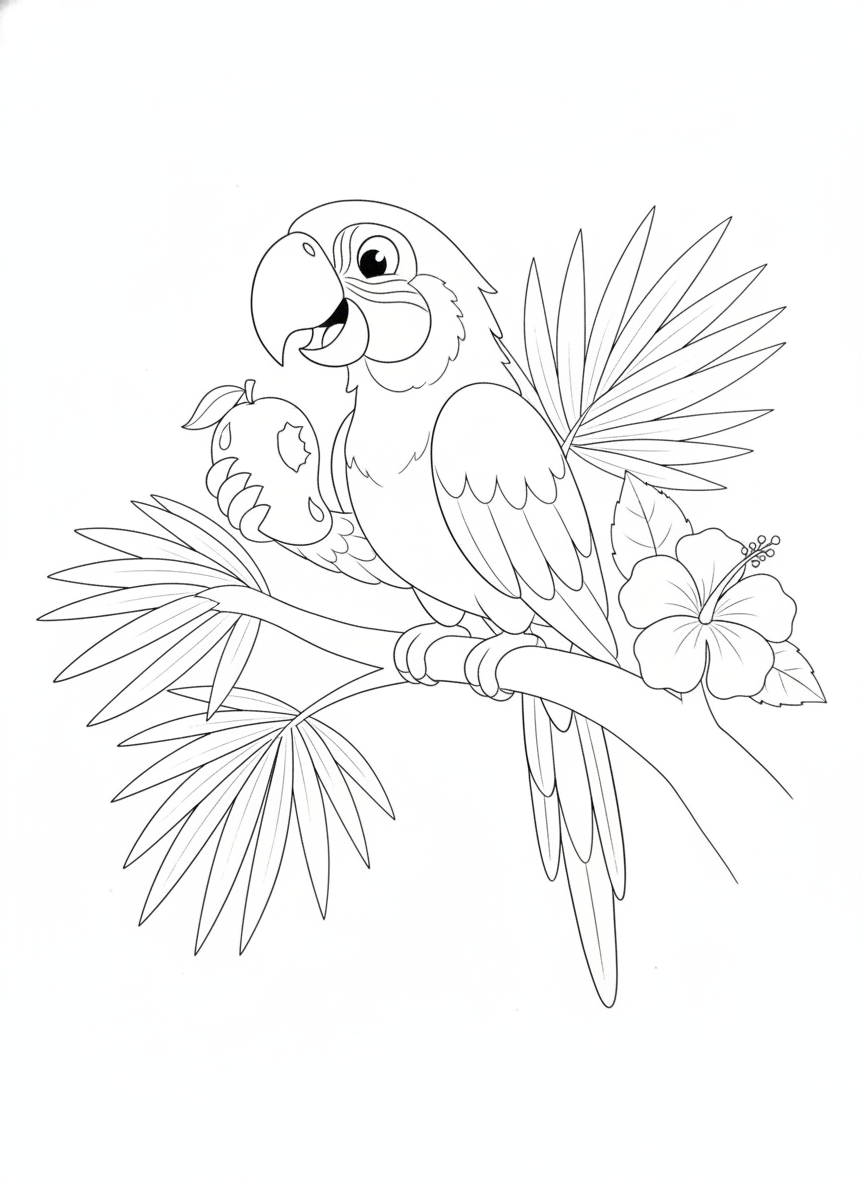 Cheerful Macaw Enjoying a Mango Coloring Page