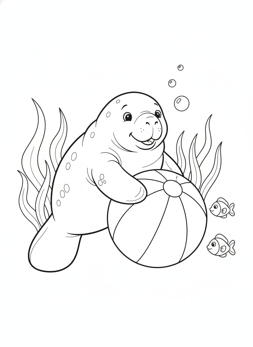 Cheerful Manatee Playing with Beach Ball Coloring Page
