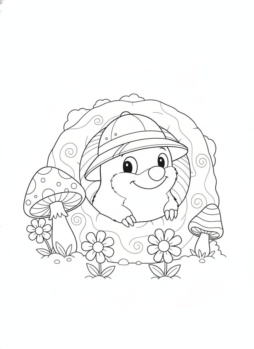 Cheerful Mole in a Safari Hat Peeking from a Whimsical Tunnel