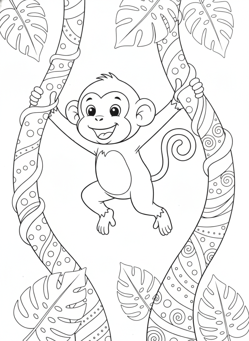 Cheerful Monkey Jungle Jump Coloring Page for Kids