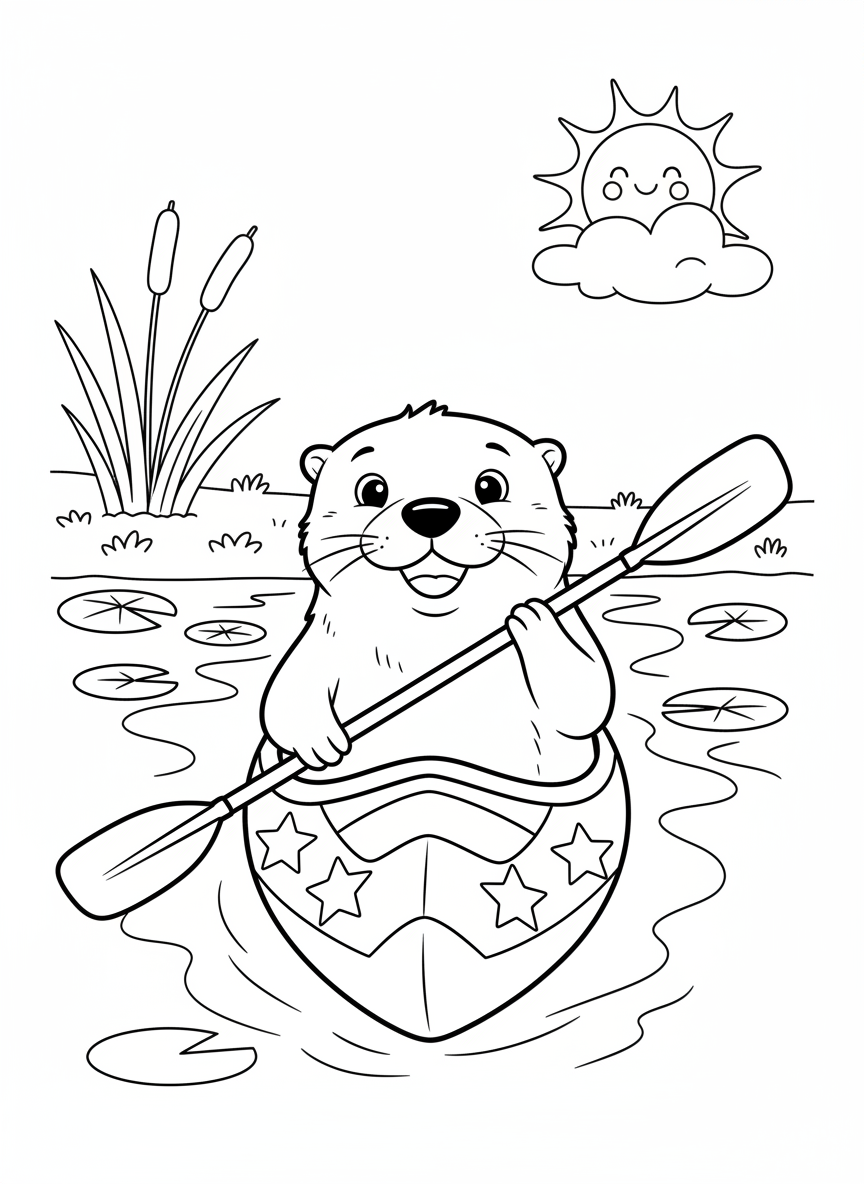 Cheerful Otter Kayaking Coloring Page for Kids