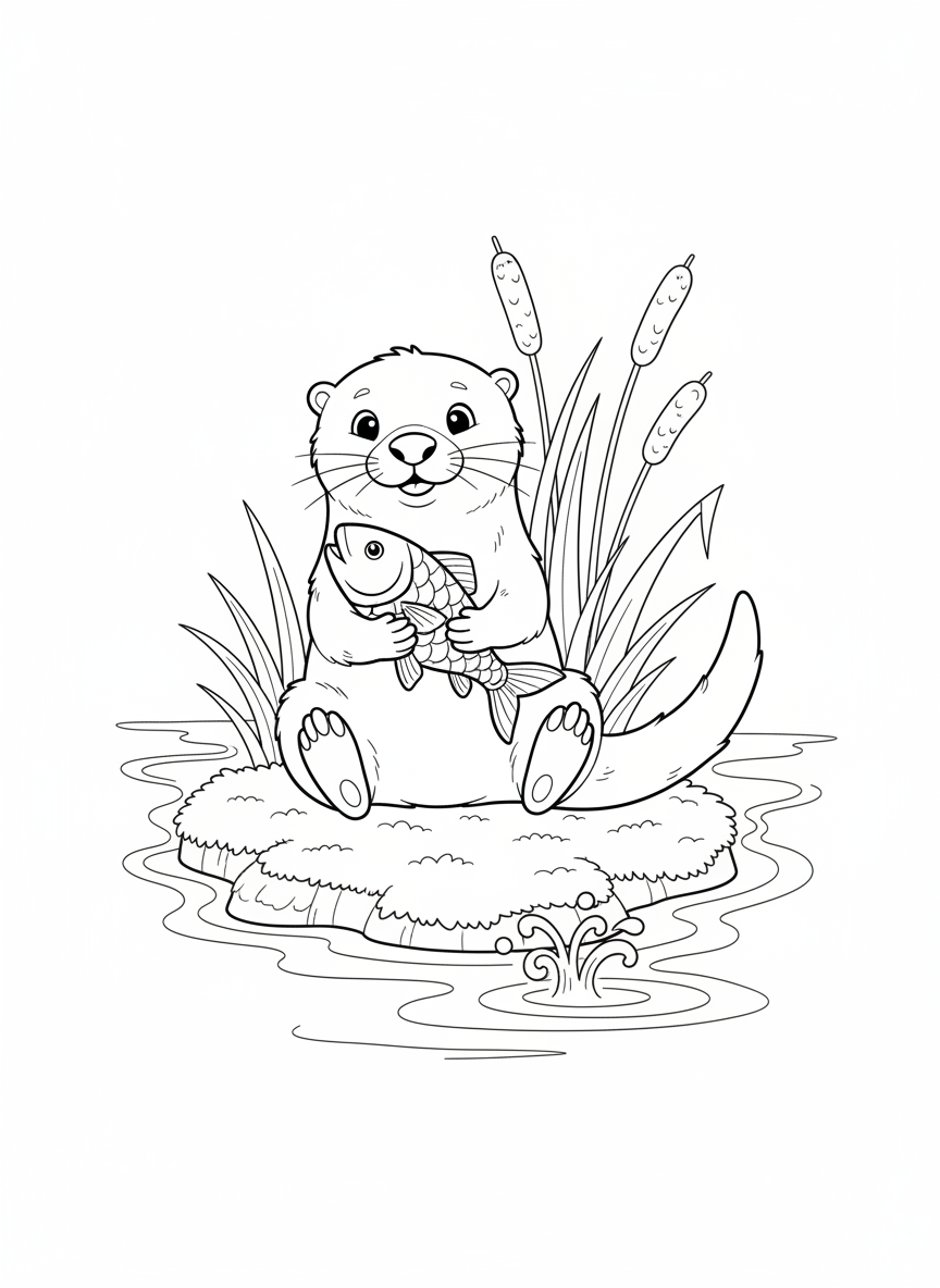 Cheerful Otter with Fish Coloring Page for Kids