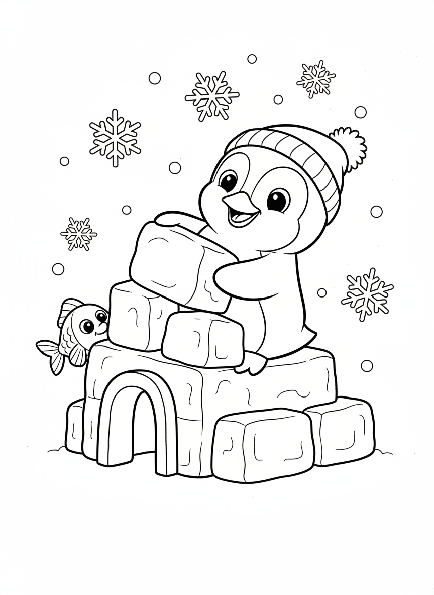 歡樂企鵝築雪堡兒童著色頁