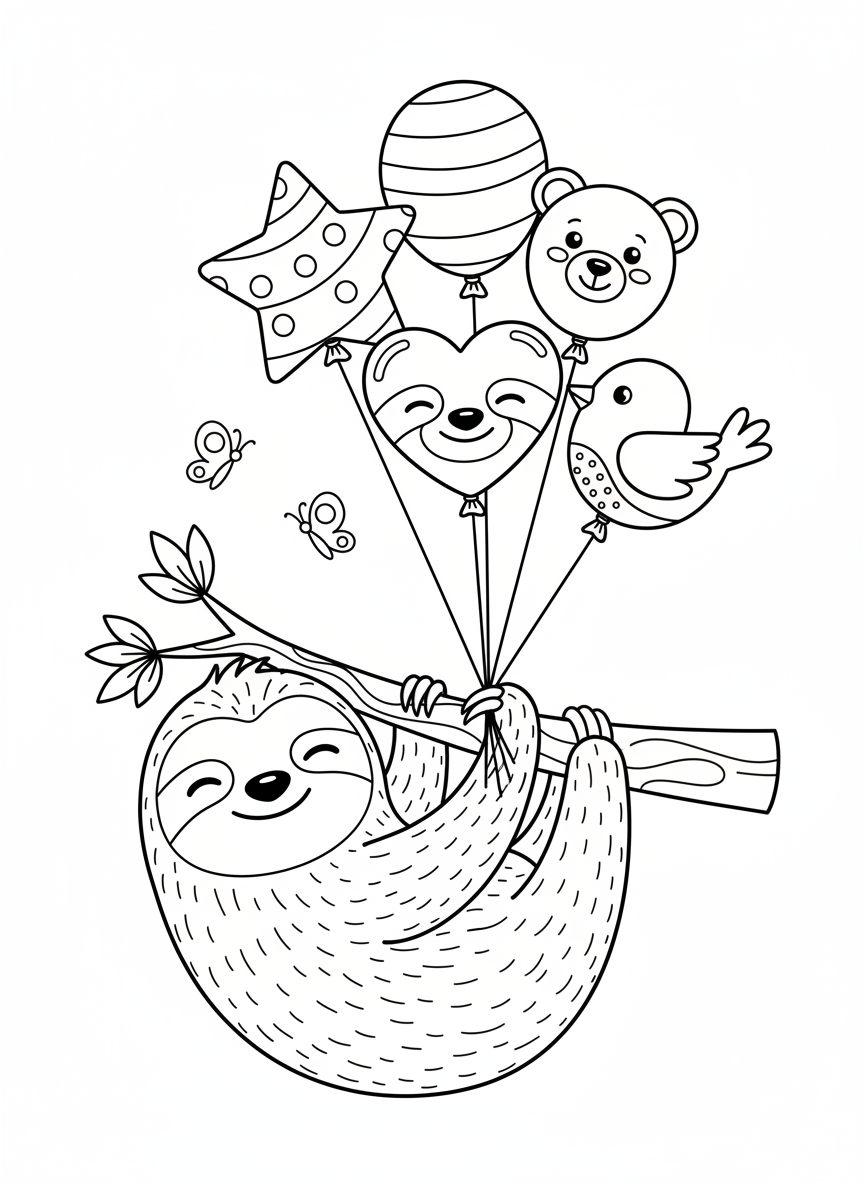 Cheerful Sloth with Balloons Coloring Page