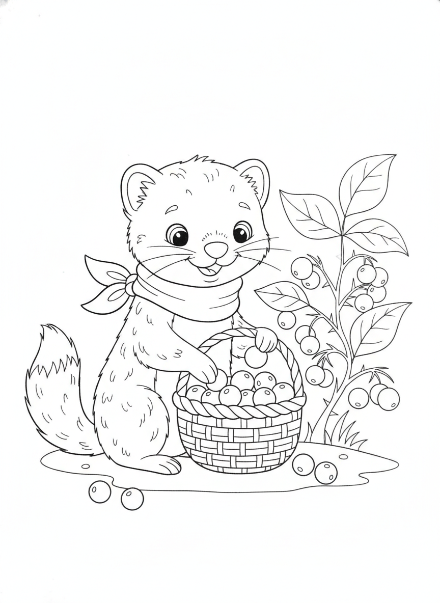 Cheerful Stoat Berry Picking Coloring Page for Kids