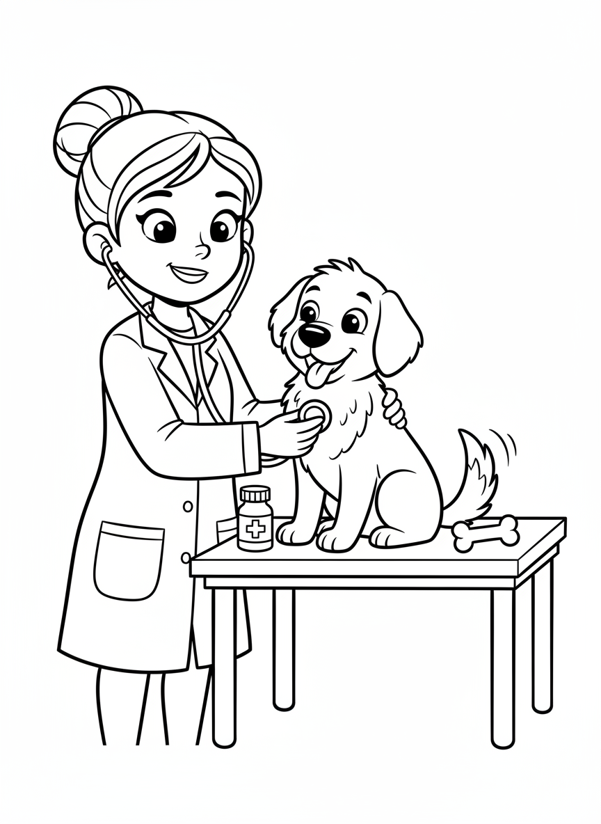 Cheerful Vet Examining Happy Dog Coloring Page