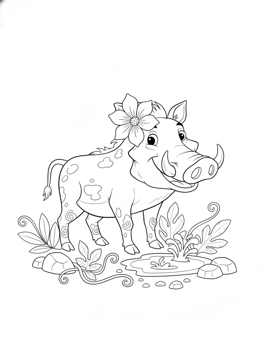 Cheerful Warthog in Jungle Mud Puddle Coloring Page for Kids