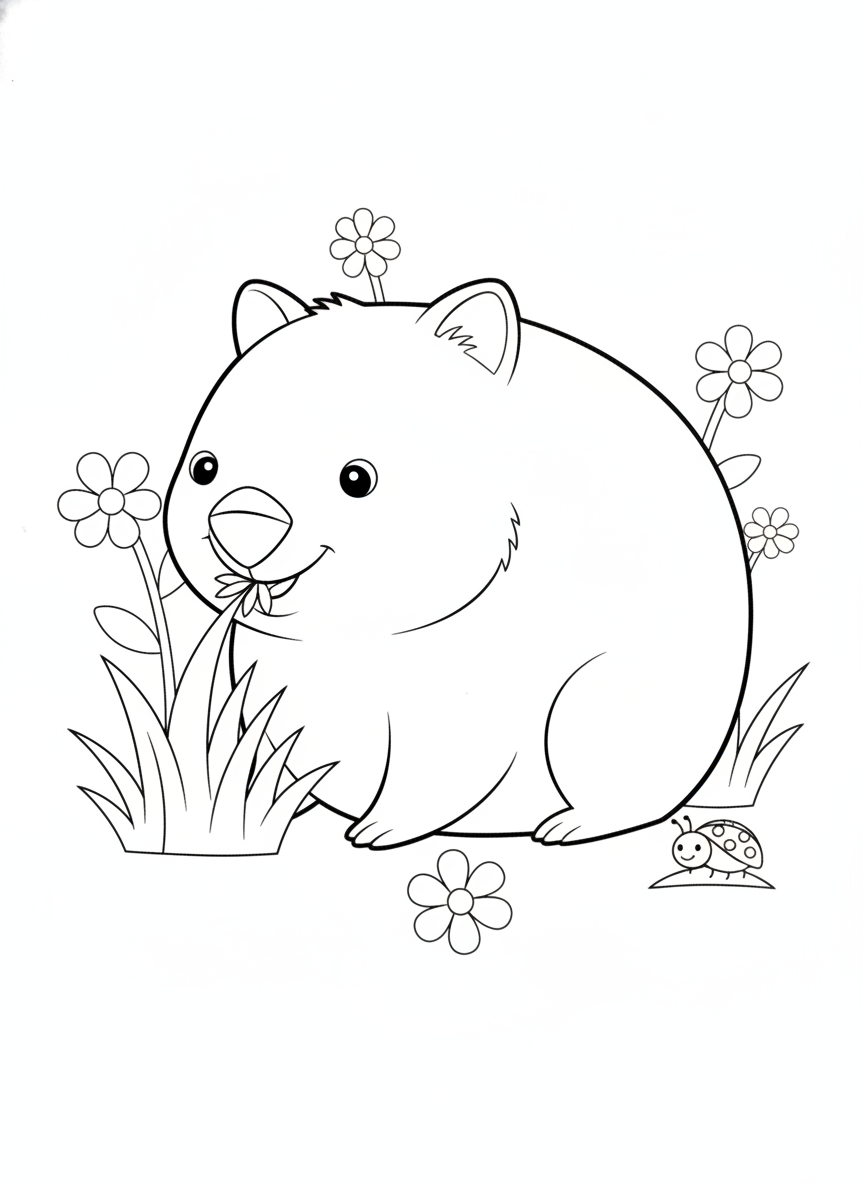 Cheerful Wombat in a Meadow Coloring Page for Kids