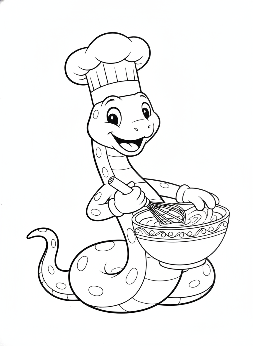 Chef Snake Whisking Batter Coloring Page for Kids