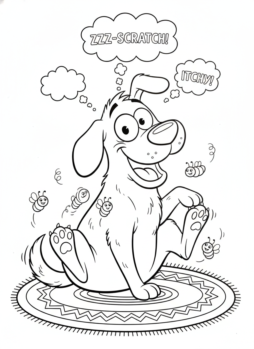 Comical Dog's Itchy Adventure Coloring Page