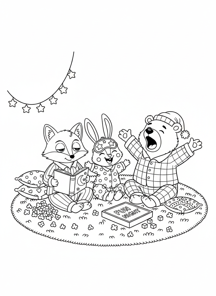 Cozy Pajama Party Animals Coloring Page