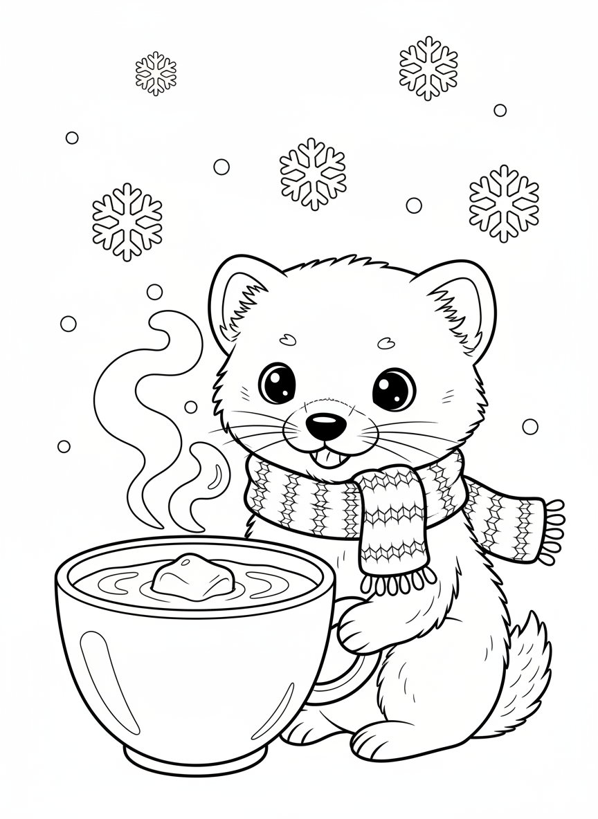 可愛松貂與熱巧克力著色頁