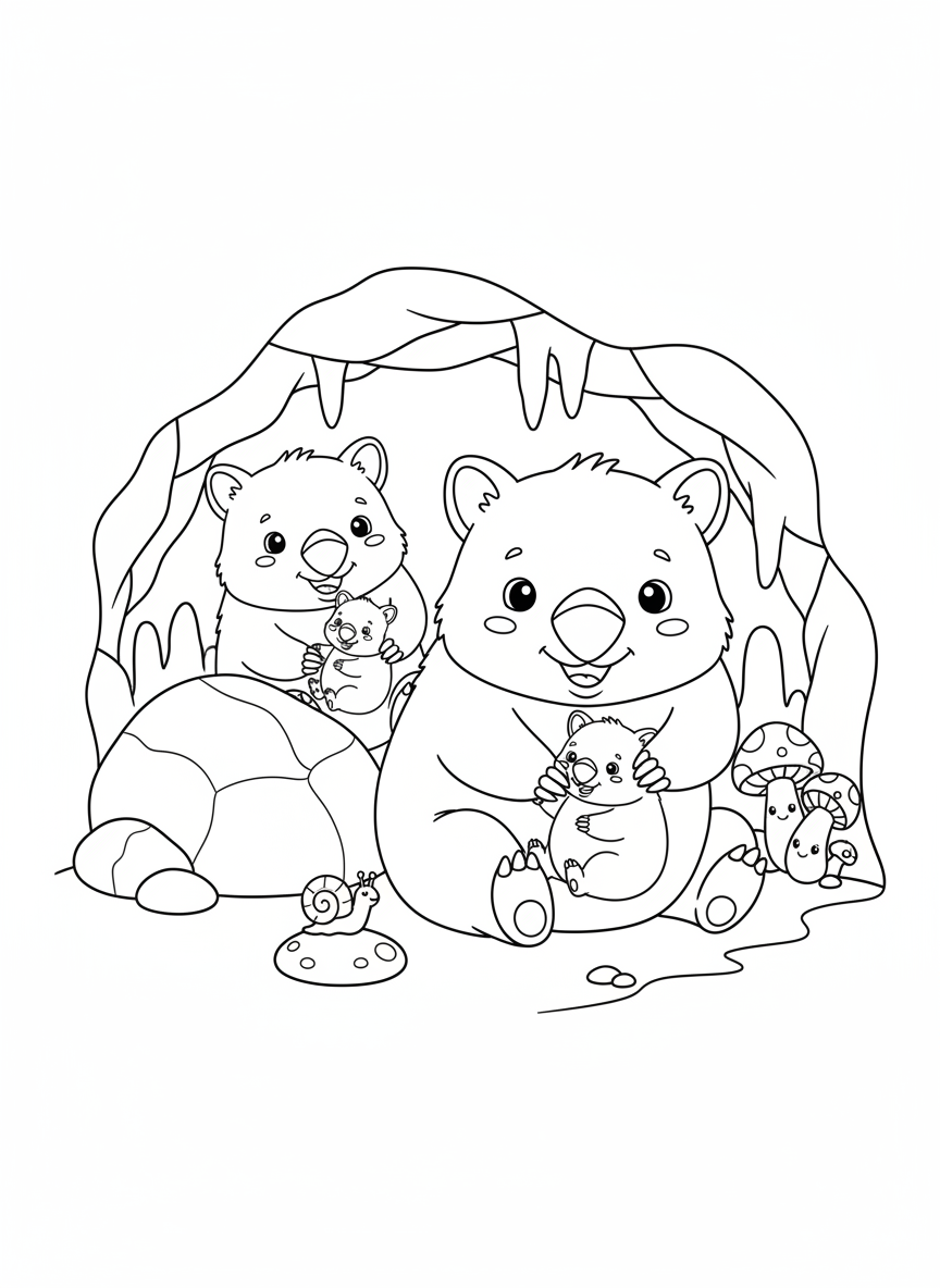 Cozy Wombat Family Cave Coloring Page