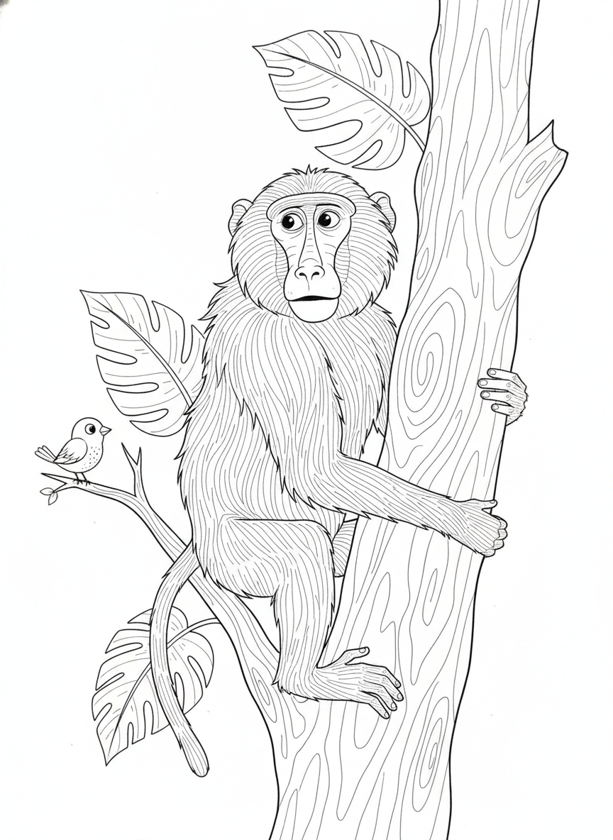 Curious Baboon Tree Climb Coloring Page