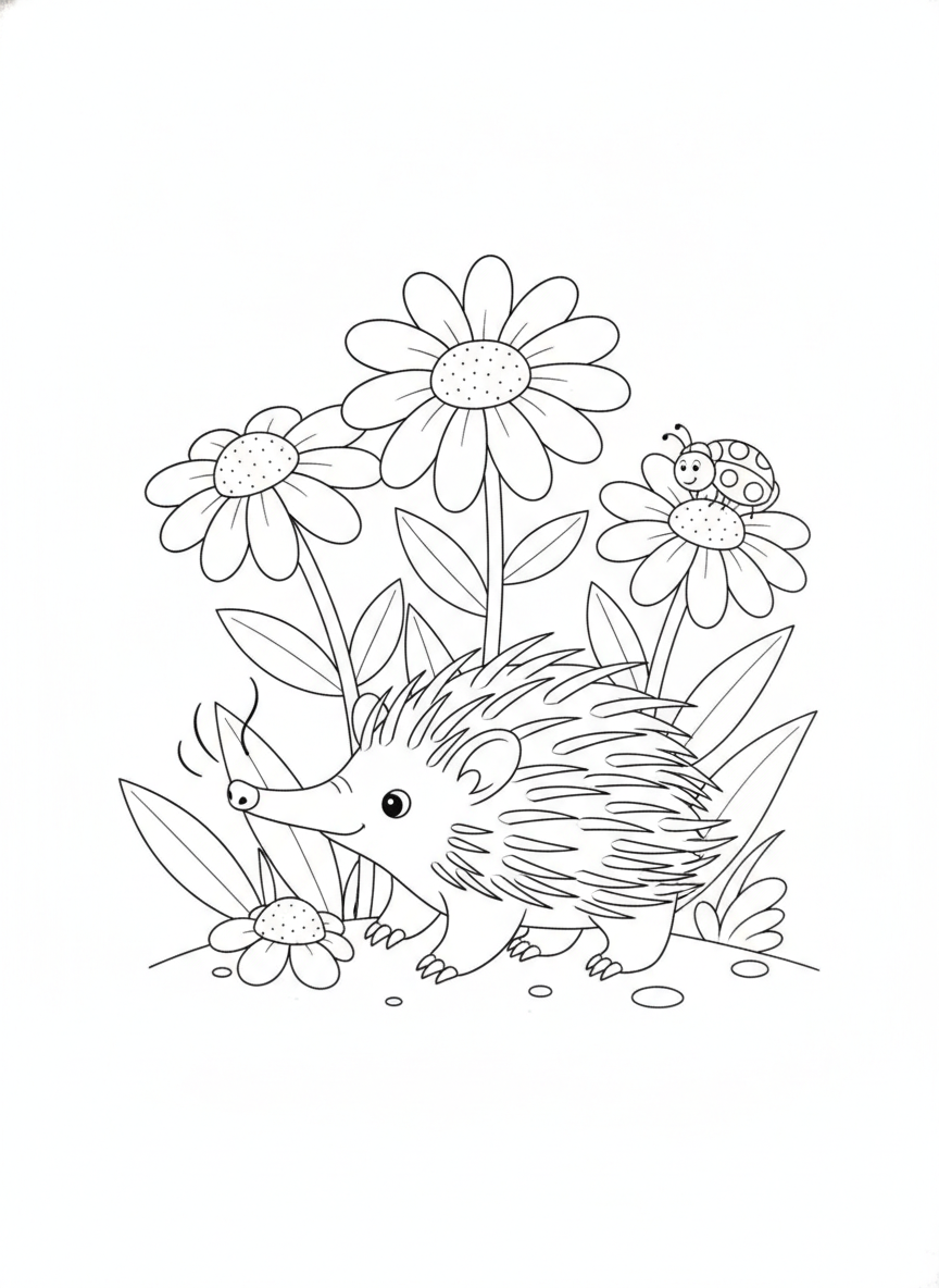 Curious Echidna Adventure: Wildflowers & Ladybug Coloring Page