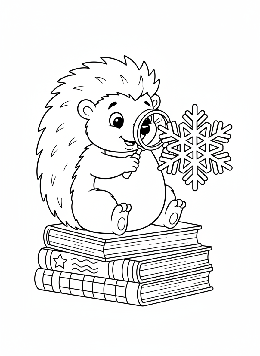 Curious Hedgehog with Snowflake Coloring Page
