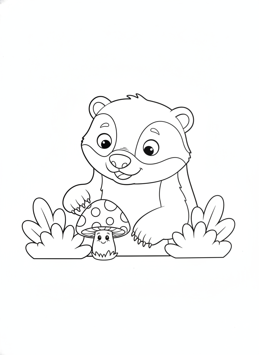 Curious Honey Badger Sniffs a Friendly Mushroom Coloring Page