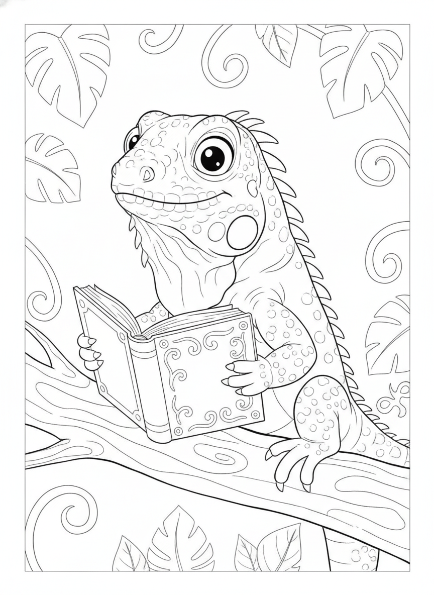 Curious Iguana Reading Book Coloring Page for Kids