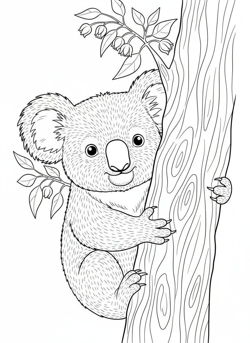 Curious Koala on Eucalyptus Tree Coloring Page