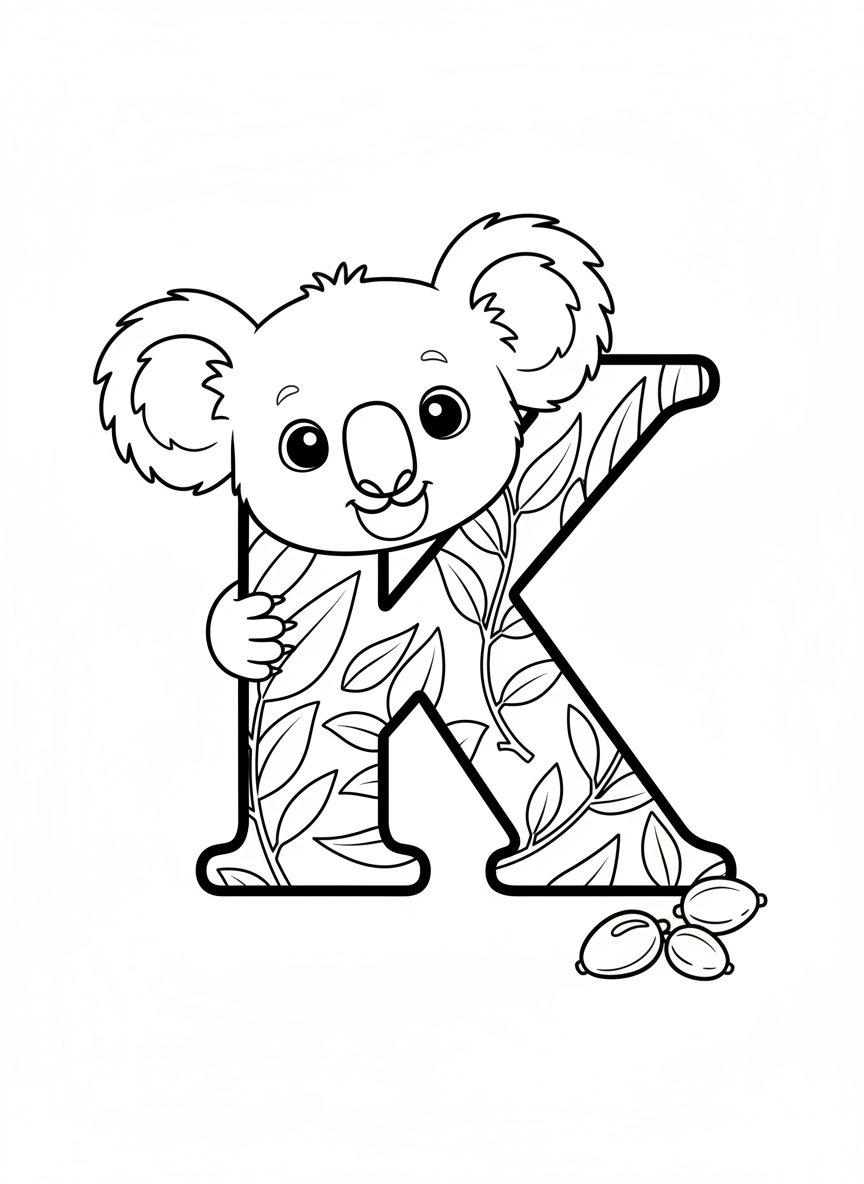 Curious Koala Peeking 'K' Coloring Page