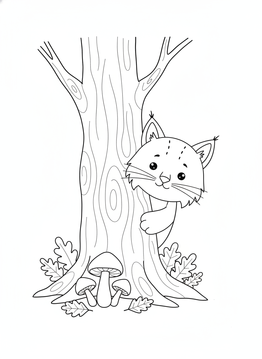 Curious Lynx Hiding Behind an Oak Tree in a Forest Coloring Page