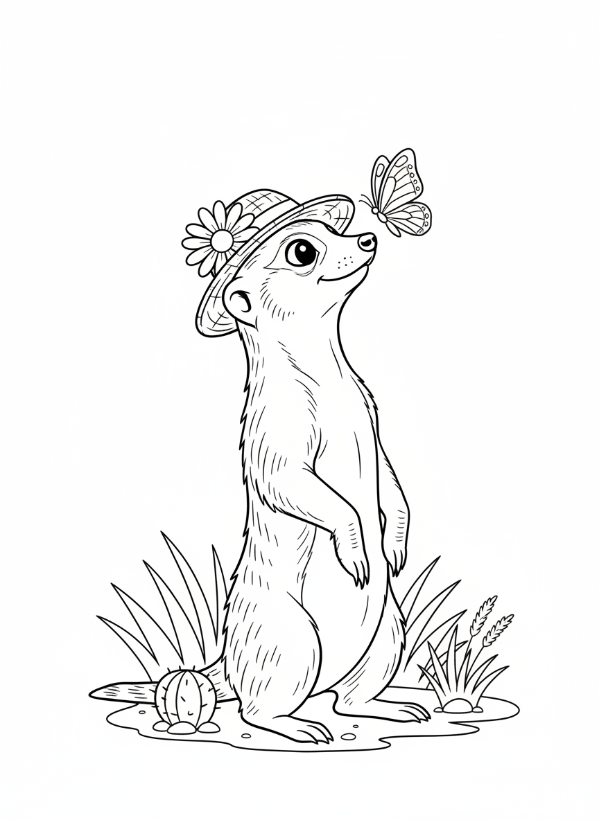 Curious Meerkat & Butterfly Coloring Page