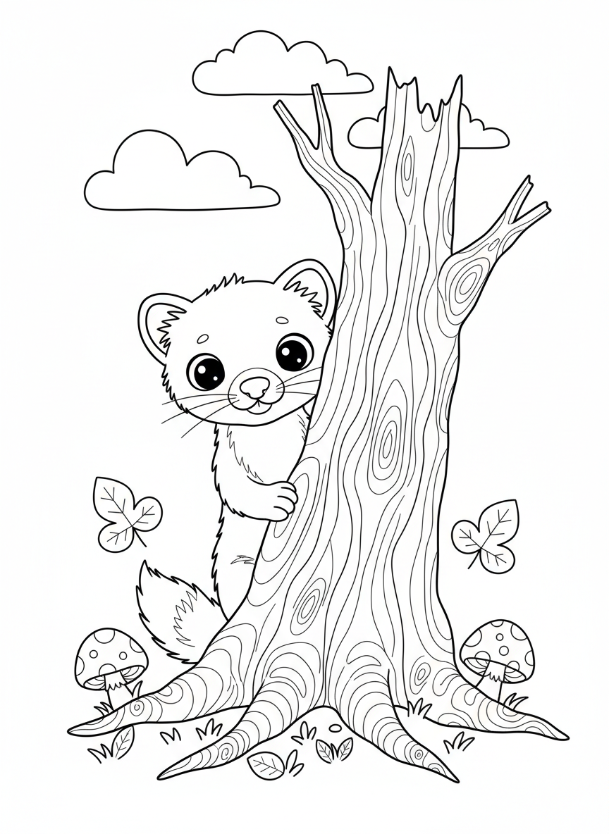 Curious Pine Marten in Forest Coloring Page