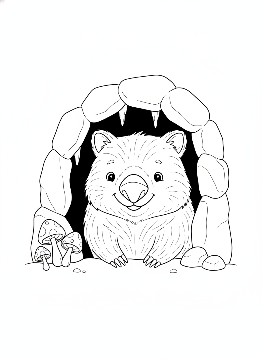 Curious Wombat in a Cozy Cave Coloring Page for Kids