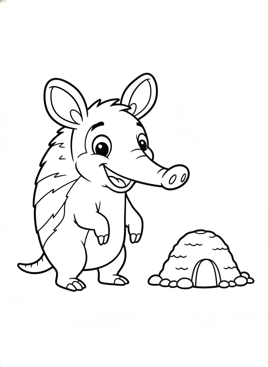 Cute Aardvark & Anthill Coloring Page for Kids