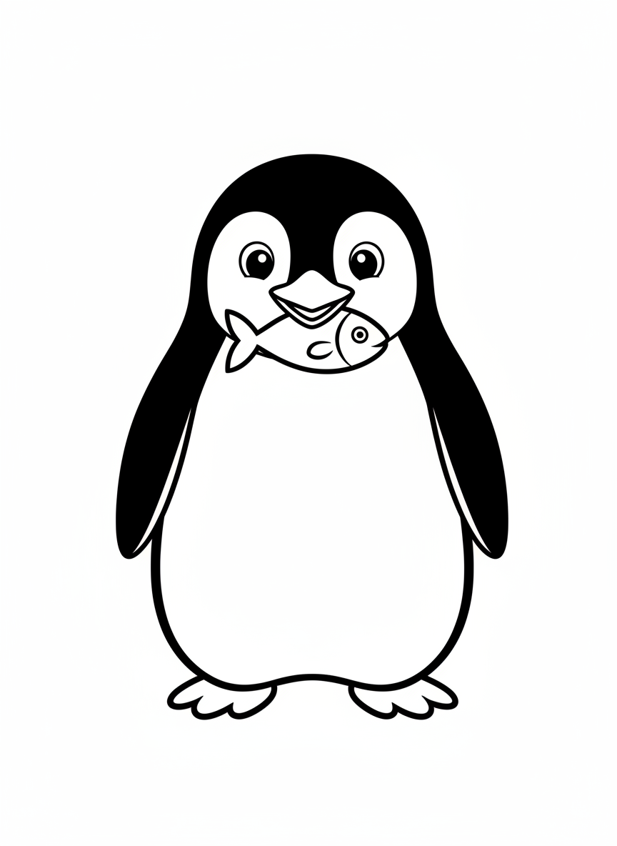 Cute Adelie Penguin with Fish Coloring Page