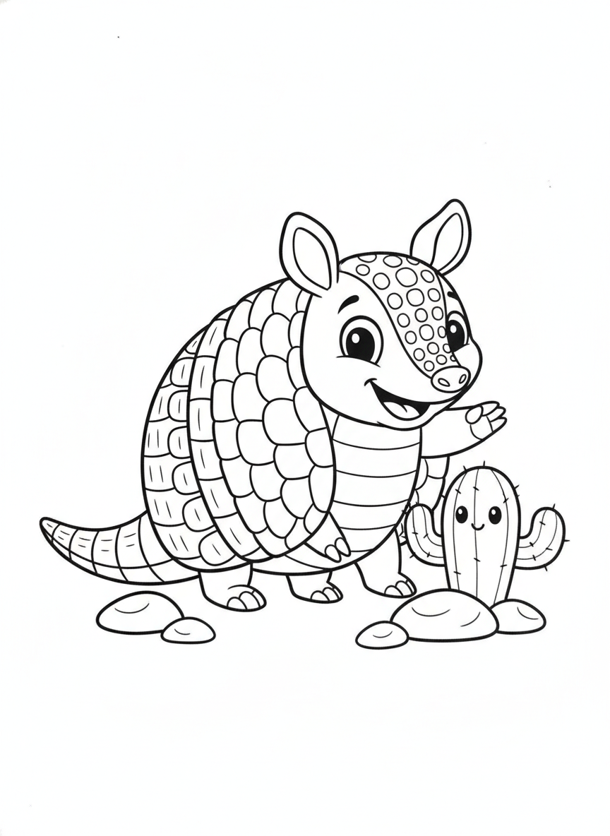 Cute Armadillo with Cactus Coloring Page for Kids