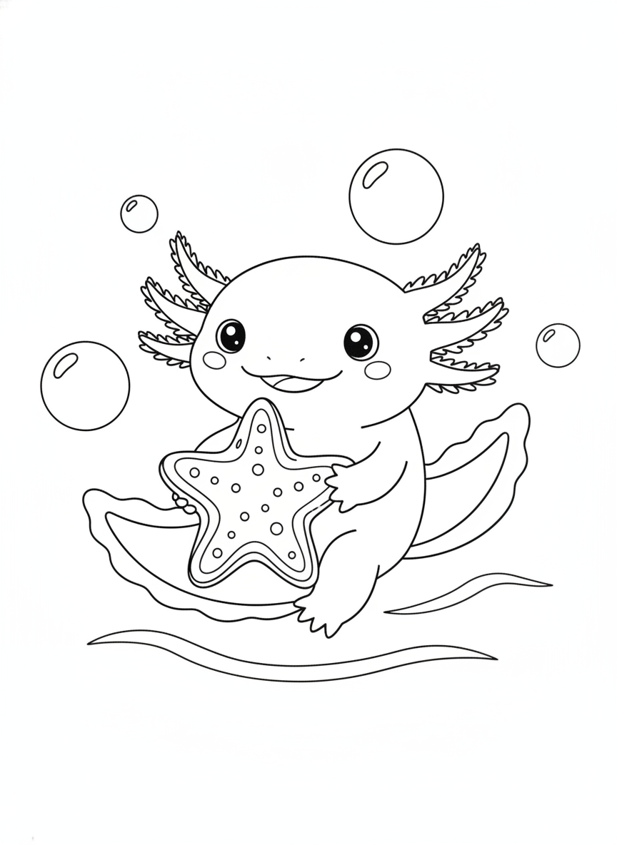 可愛墨西哥鈍口螈與海星餅乾著色頁