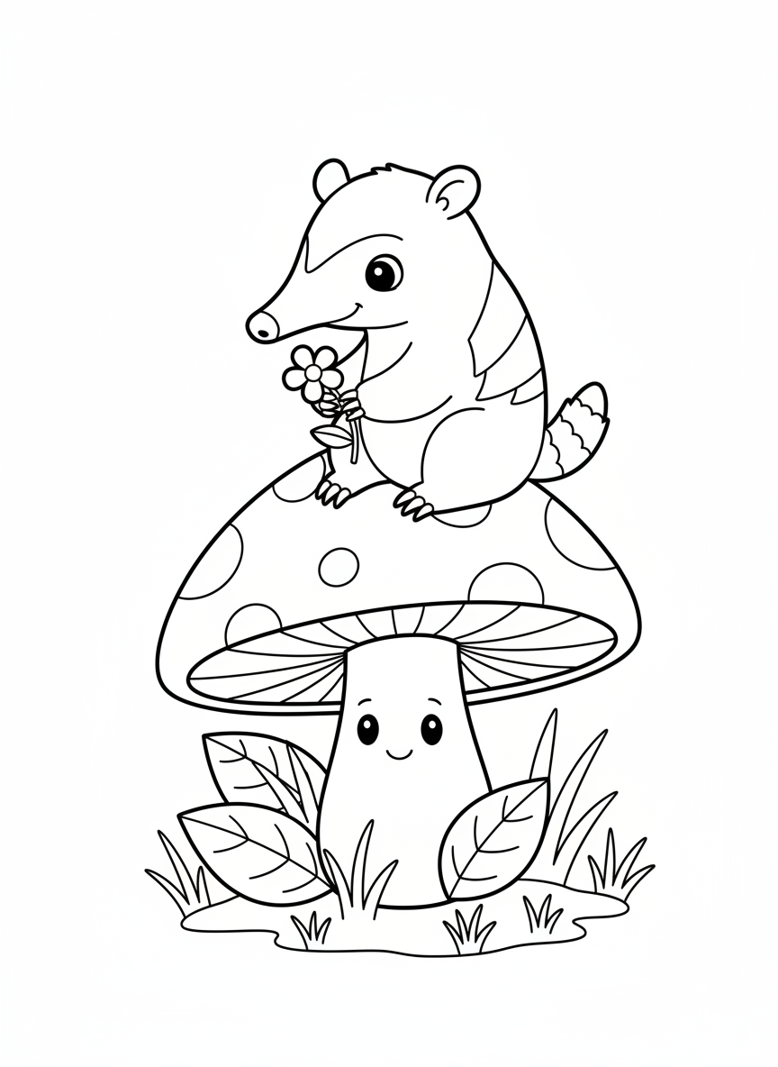Cute Baby Anteater on Mushroom Coloring Page