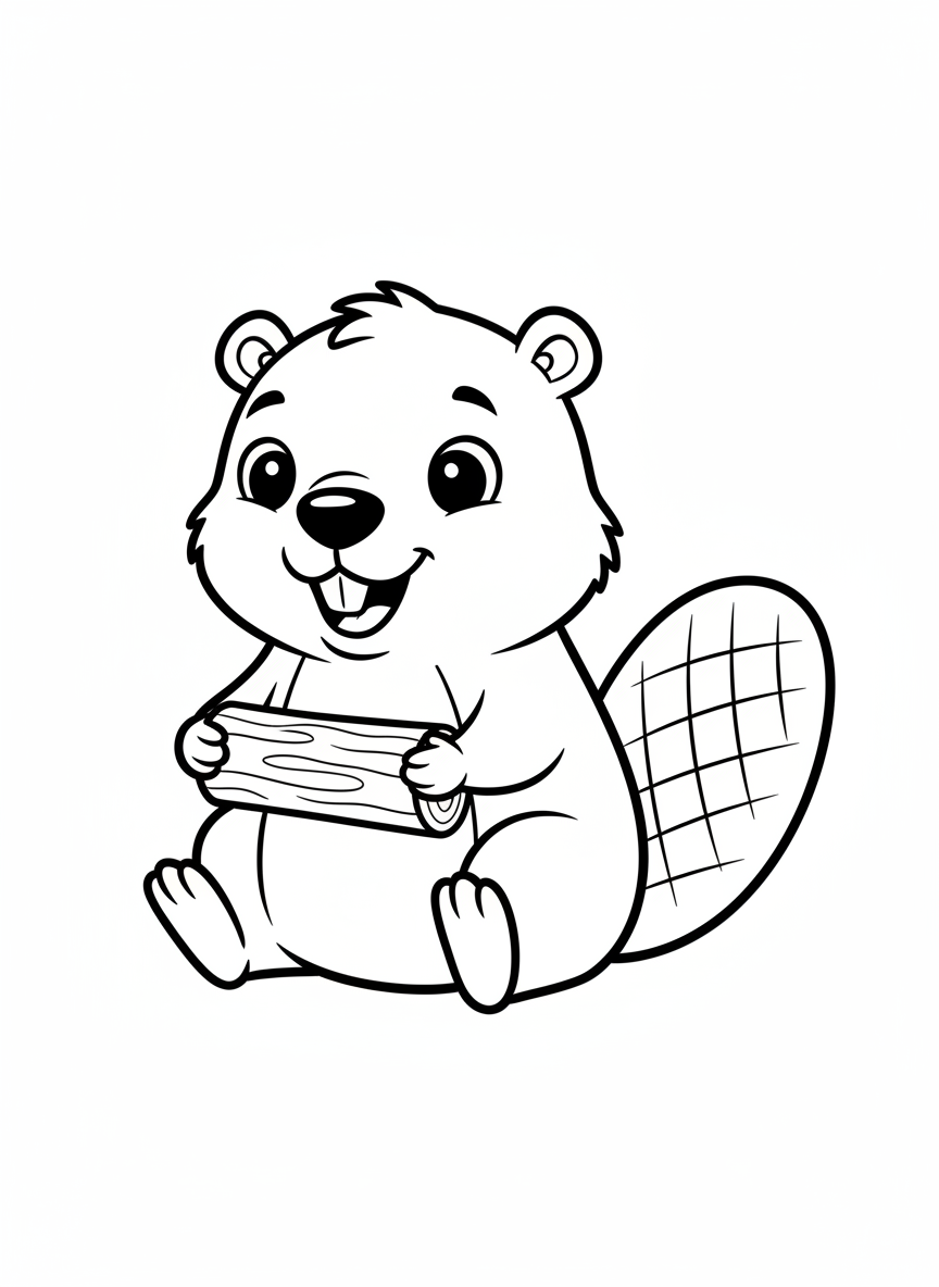 Cute Baby Beaver with Log Coloring Page