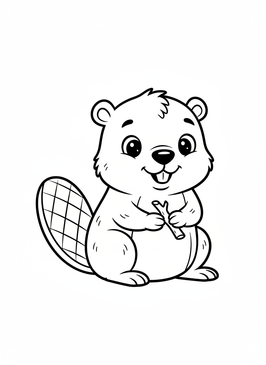 Cute Baby Beaver with Twig Coloring Page