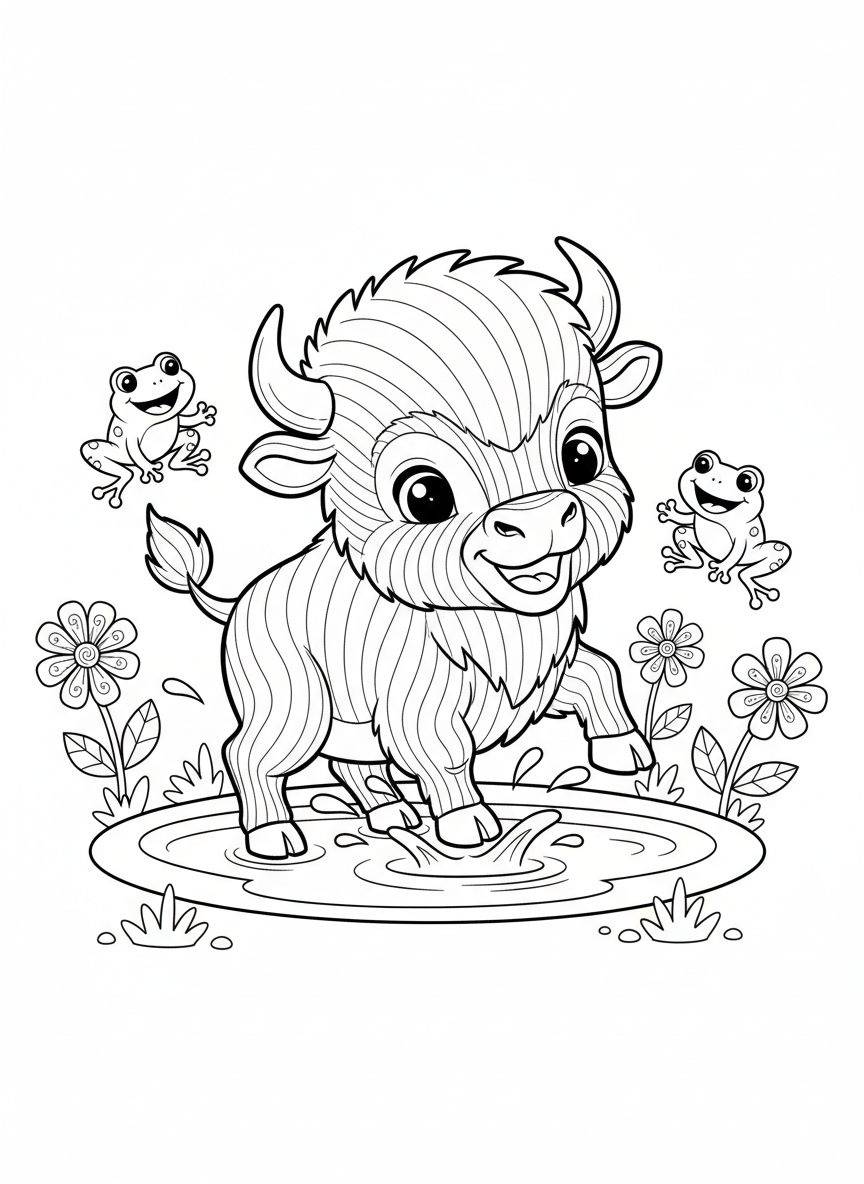 Cute Baby Bison Splashing in Puddle Coloring Page