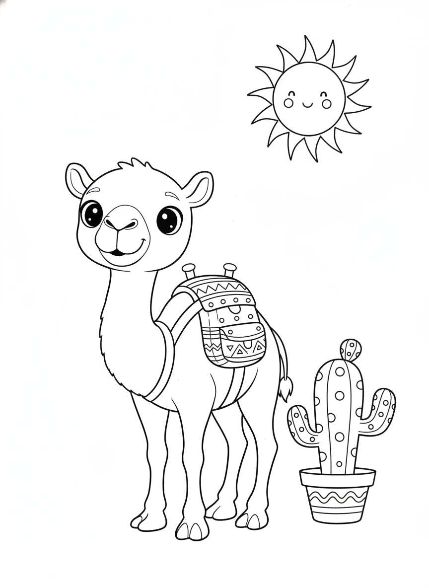 Cute Baby Camel with Backpack and Cactus Coloring Page for Kids