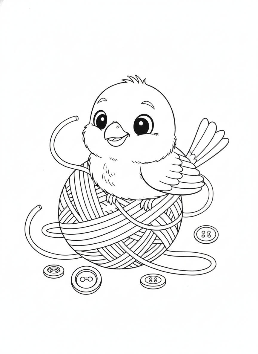 Cute Baby Canary & Yarn Fun Coloring Page