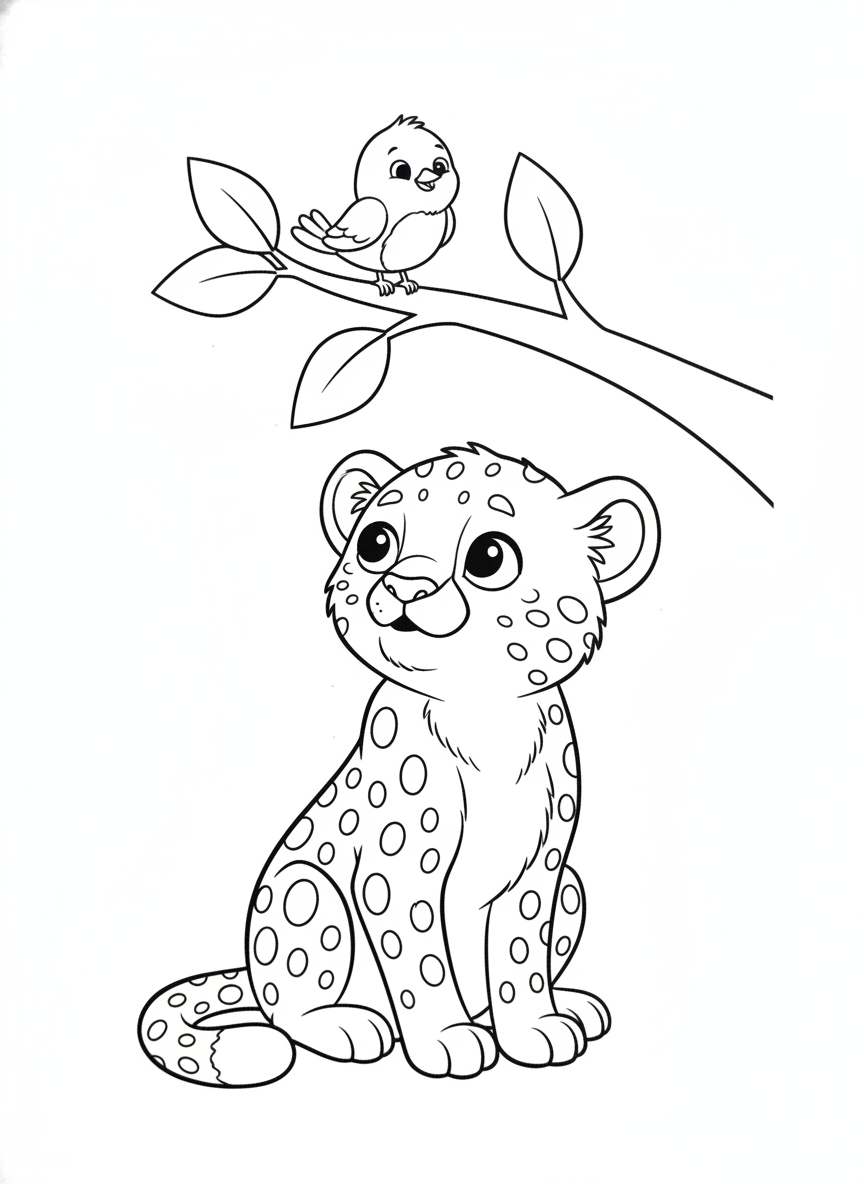 Cute Baby Cheetah Cub and Bird Coloring Page for Kids