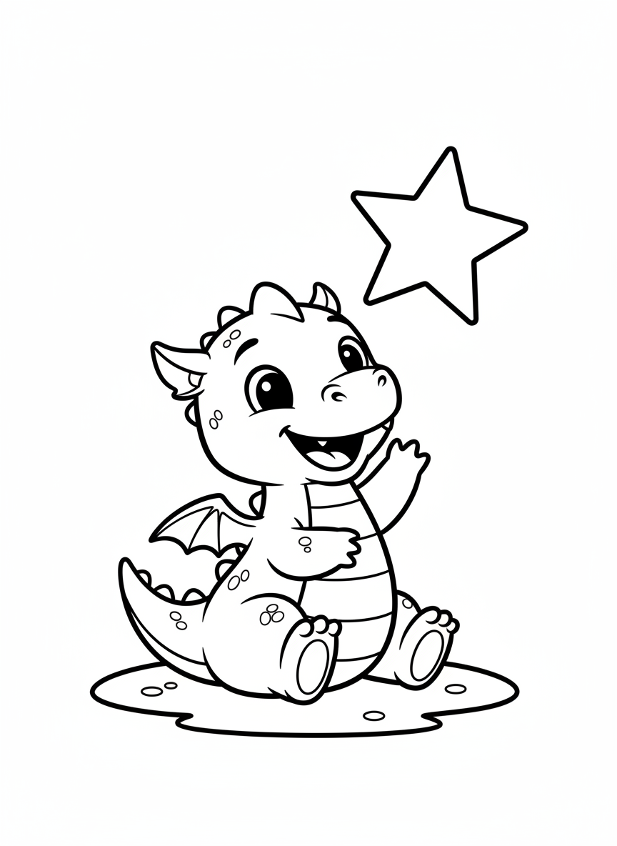 Cute Baby Dragon Playing with a Star