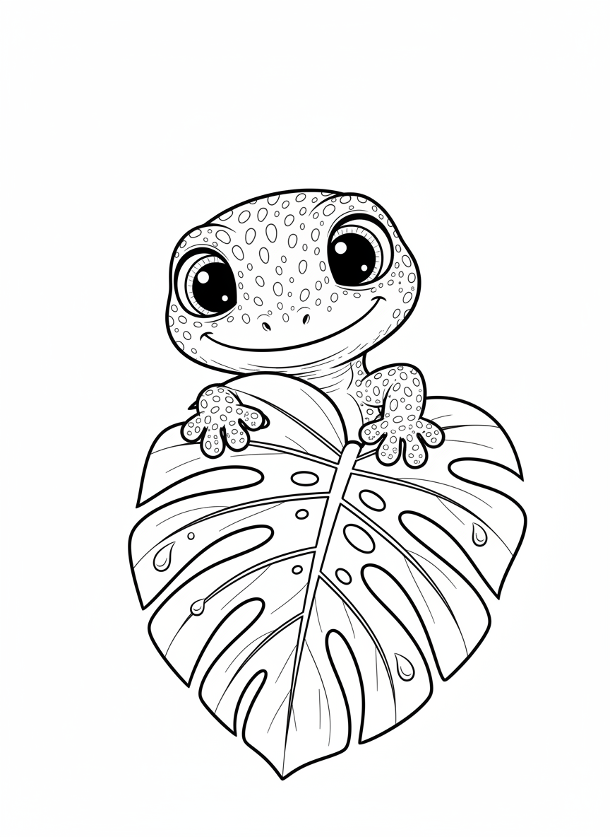 Cute Baby Gecko & Monstera Leaf Coloring Page