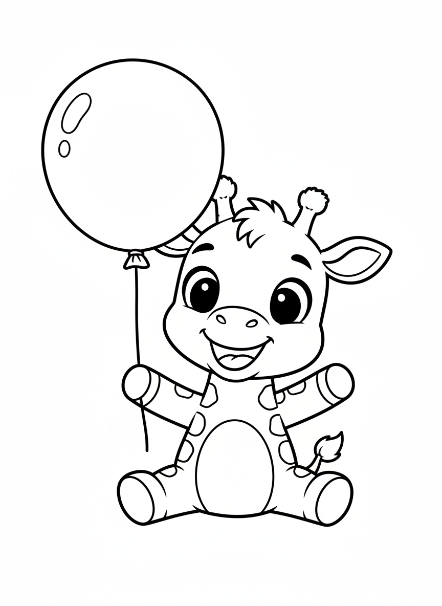 Cute Baby Giraffe with Balloon Coloring Page