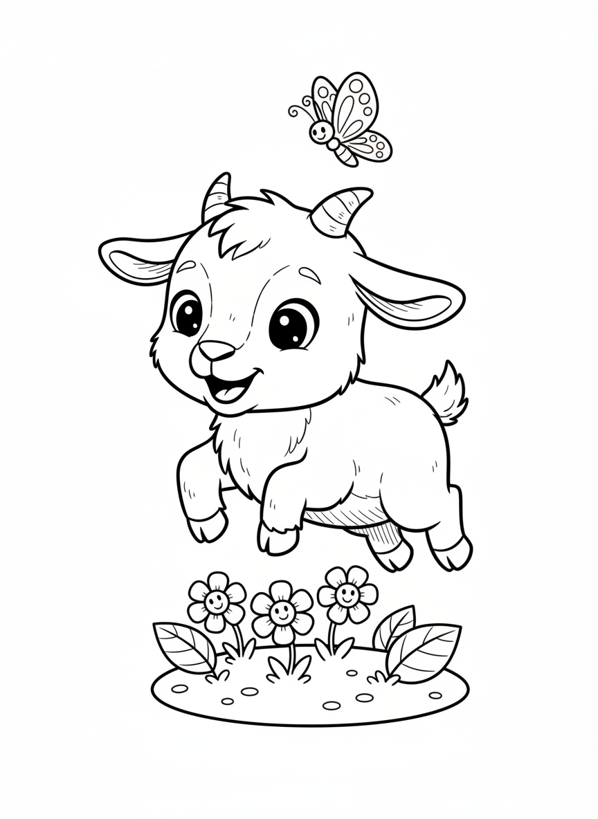 Cute Baby Goat Jumping Over Flowers Coloring Page