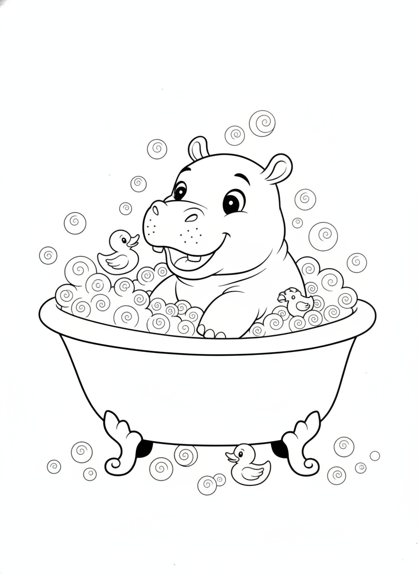 Cute Baby Hippo Bubble Bath Coloring Page for Kids