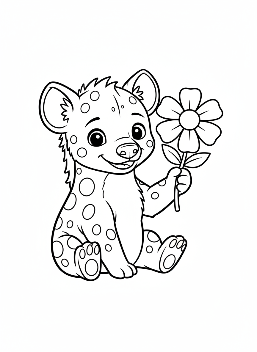 Cute Baby Hyena with Flower Coloring Page